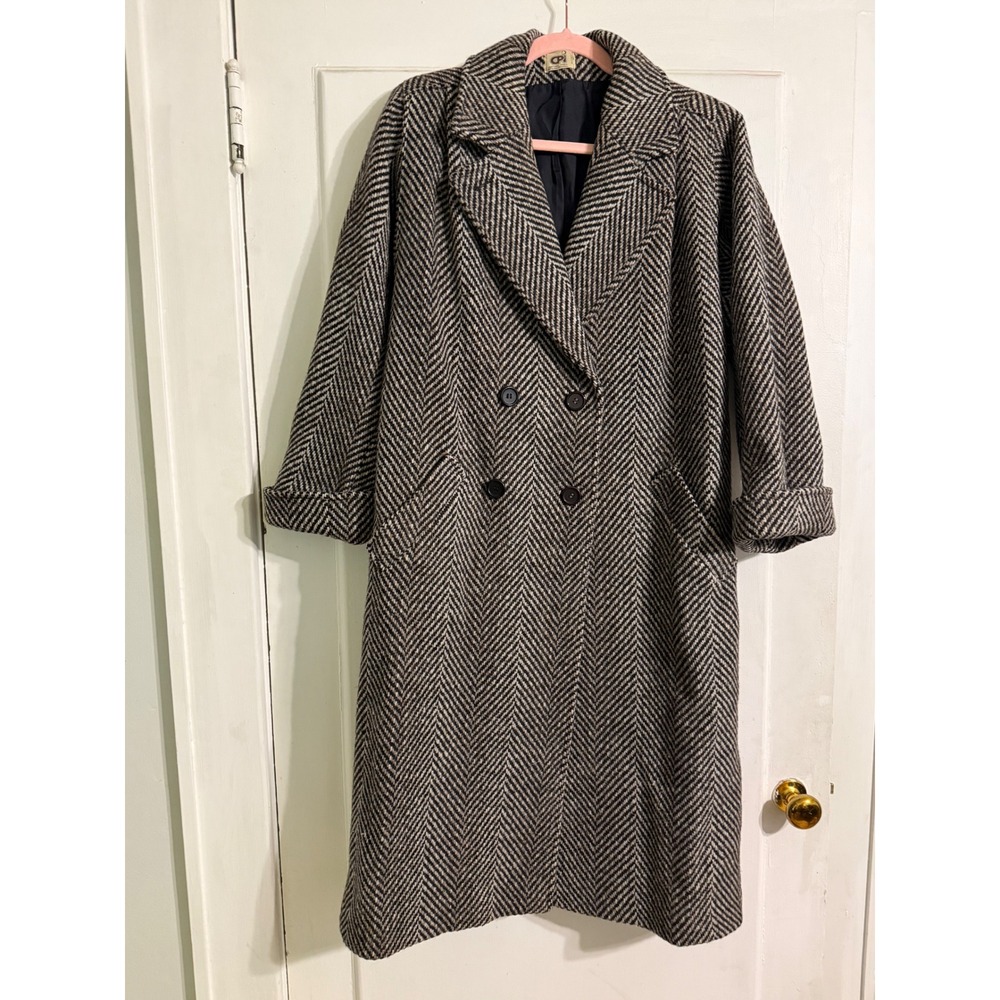 Central Park International Pure New Wool Herringbone Trench Coat Black White 8